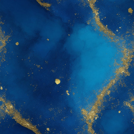 Abstract blue alcohol ink background with gold glitter elements.の素材