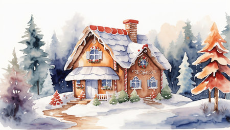 Watercolor Christmas winter scene, winter landscape, gingerbread house in the winter forest.の素材