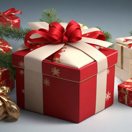 Christmas banner, red gift box with golden ribbon, Christmas balls, fir branches.の素材