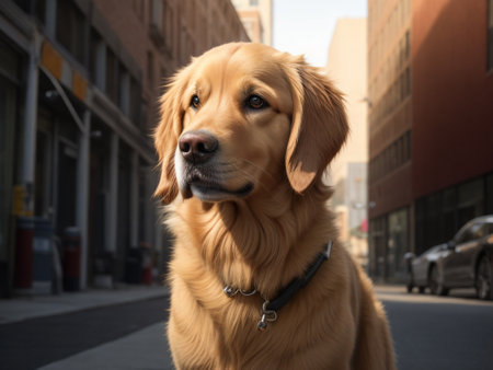 Golden retriever sitting in the street, urban dog.の素材