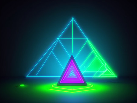 Green glow triangle and blue light on a dark background.の素材
