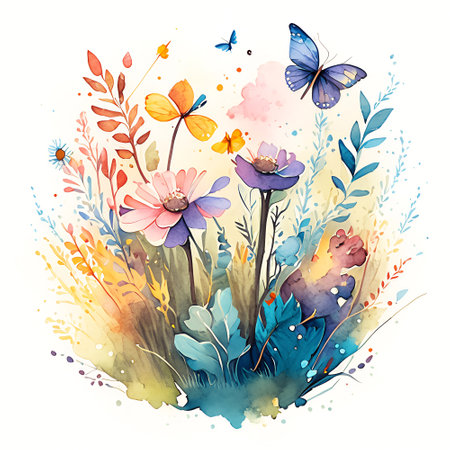 Watercolor summer background with meadow flowers and butterflies.の素材