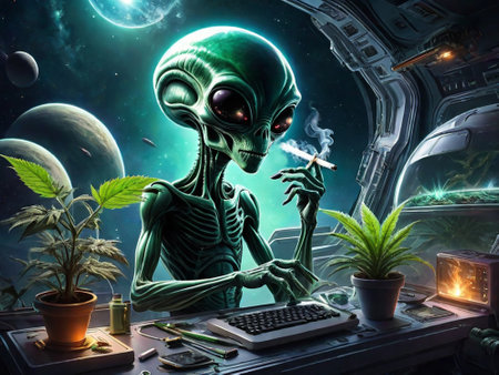An alien in space grows and smokes marijuana.の素材
