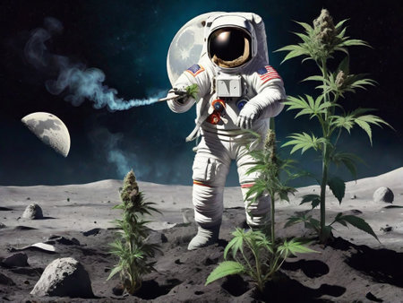 Astronaut in space grows and smokes cannabis.の素材