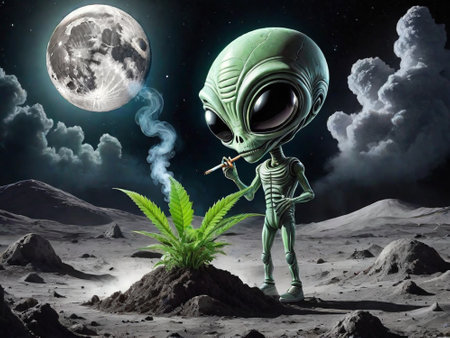 An alien in space grows and smokes marijuana.の素材