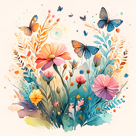 Watercolor summer background with meadow flowers and butterflies.の素材