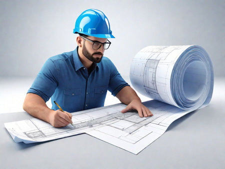 Architect working with blueprints on the floor. Construction concept.の素材