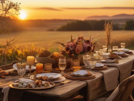 Beautiful romantic dinner setting in countryside at sunset. Selective focusの素材
