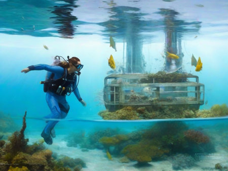 Underwater view of a diver and a sunken ship in an aquariumの素材