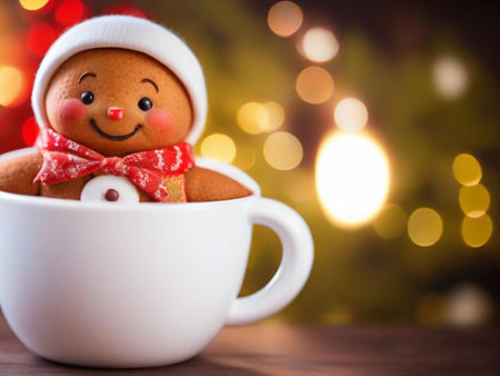Christmas gingerbread man in cup of coffee on bokeh backgroundの素材