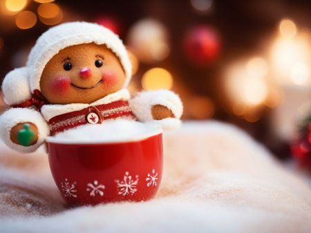 Cute snowman with cup of hot drink on christmas backgroundの素材
