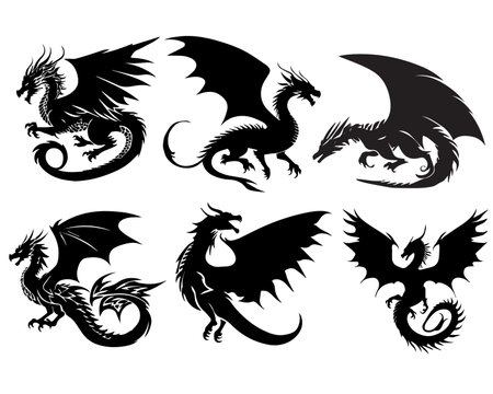Vector set of black dragon's silhouettes. Chinese New Year of a Dragon.のイラスト素材