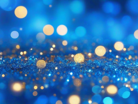 abstract blue background with bokeh defocused lights and starsの素材