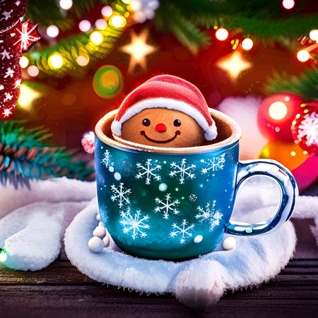 Cup of hot chocolate with gingerbread man on bokeh lights backgroundの素材