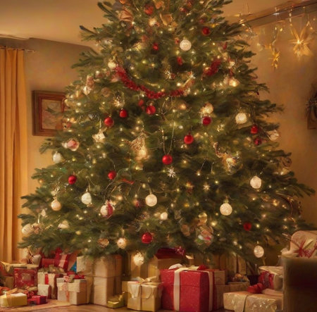 Christmas tree with presents in the living room of a house in the eveningの素材