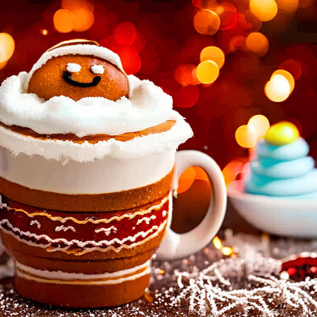 Christmas cake with gingerbread man and snowflakes on bokeh backgroundの素材