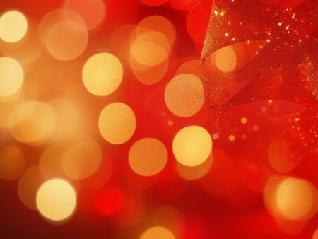 christmas background with red ribbon and bokeh lights - abstract photoの素材