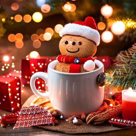 Cup of hot chocolate with gingerbread man and christmas lights on backgroundの素材