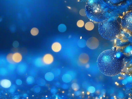 Christmas background with blue balls and snowflakes on a blue backgroundの素材