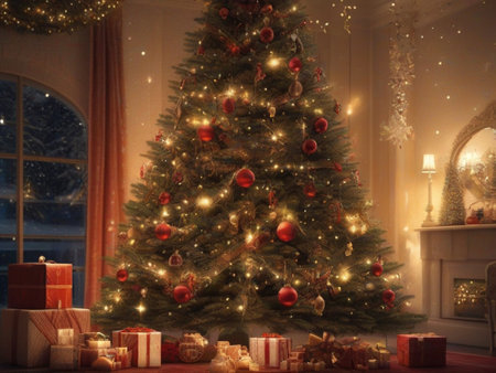 Christmas tree and gifts in the living room at home. Christmas backgroundの素材