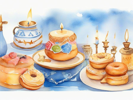 Illustration of a birthday cake with candles and donuts on a blue backgroundの素材