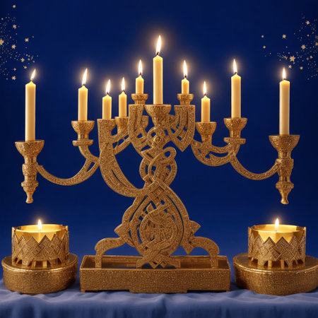 3d illustration of Hanukkah candelabrum with burning candlesの素材