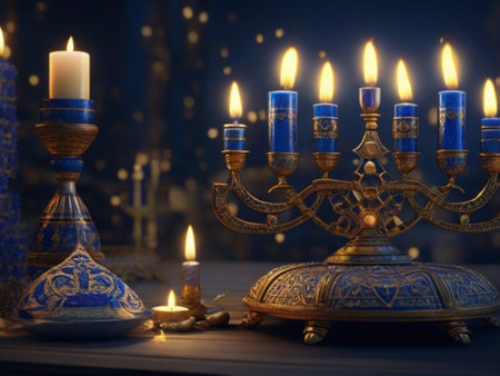 Religion image of jewish holiday Hanukkah background with menorah (traditional candelabra) and candlesの素材