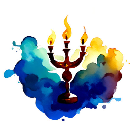 Watercolor Hanukkah candelabrum with burning candle. Vector illustration.の素材
