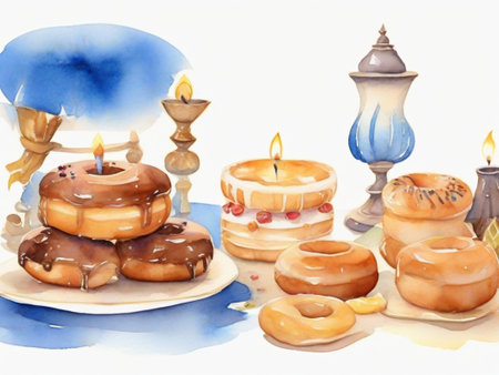 watercolor illustration of donuts and candles on a white background.の素材