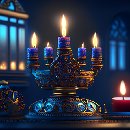 3D illustration of Hanukkah with burning candles in front of the ornate backgroundの素材