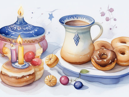 Watercolor illustration of a cup of coffee, donuts and candles.の素材