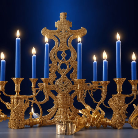 Candles and candelabrum on a dark blue background.の素材