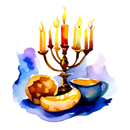 Watercolor illustration of a candlestick and two cups of coffeeの素材