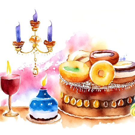 Birthday cake and candlestick. Watercolor hand drawn illustrationの素材