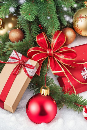 Christmas tree with gift boxes and decorations on snow background. Close upの素材