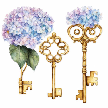 Set of vintage keys with hydrangea flowers. Hand drawn watercolor illustrationの素材
