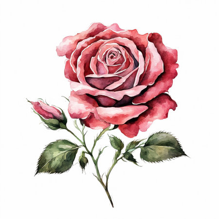 Watercolor pink rose with green leaves isolated on white background. Hand drawn illustrationの素材