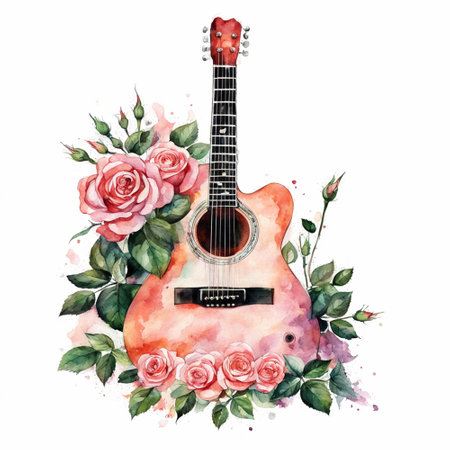 Guitar with roses. Watercolor illustration isolated on white backgroundの素材