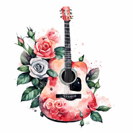 Guitar with roses. Hand drawn watercolor illustration isolated on white backgroundの素材