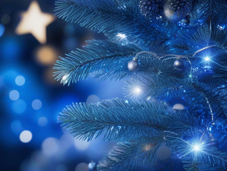 Blue christmas background with bokeh lights and fir tree branchesの素材