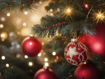 Christmas and New Year background. Decorated Christmas tree on blurred backgroundの素材
