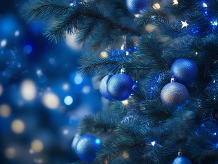 Christmas tree with blue decoration on bokeh background, close upの素材