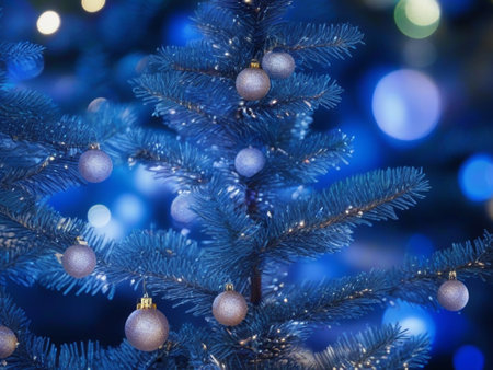 Christmas tree with blue balls on bokeh background. Christmas background.の素材