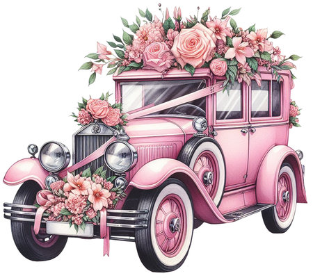 Vintage car with roses and peonies. Hand drawn vector illustration.の素材