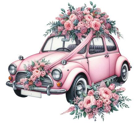 Vintage pink wedding car decorated with flowers. Hand drawn watercolor illustrationの素材