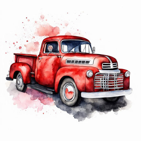 Hand drawn watercolor illustration of a red old fashioned pickup truck.の素材