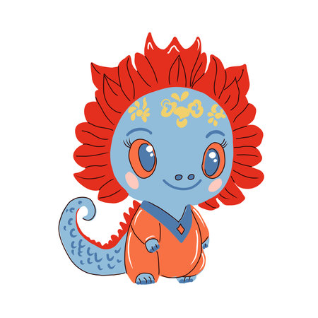 Chinese New Year of Dragon, cute little baby dragon in national Chinese costume. Vector illustration.のイラスト素材