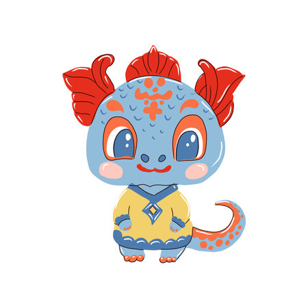 Chinese New Year of Dragon, cute little baby dragon in national Chinese costume. Vector illustration.のイラスト素材