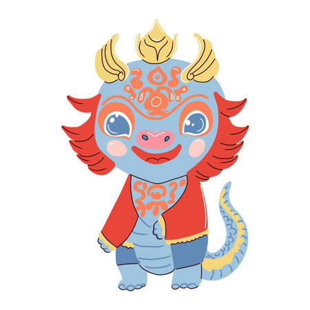 Chinese New Year of Dragon, cute little baby dragon in national Chinese costume. Vector illustration.のイラスト素材