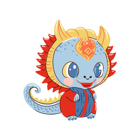 Chinese New Year of Dragon, cute little baby dragon in national Chinese costume. Vector illustration.のイラスト素材